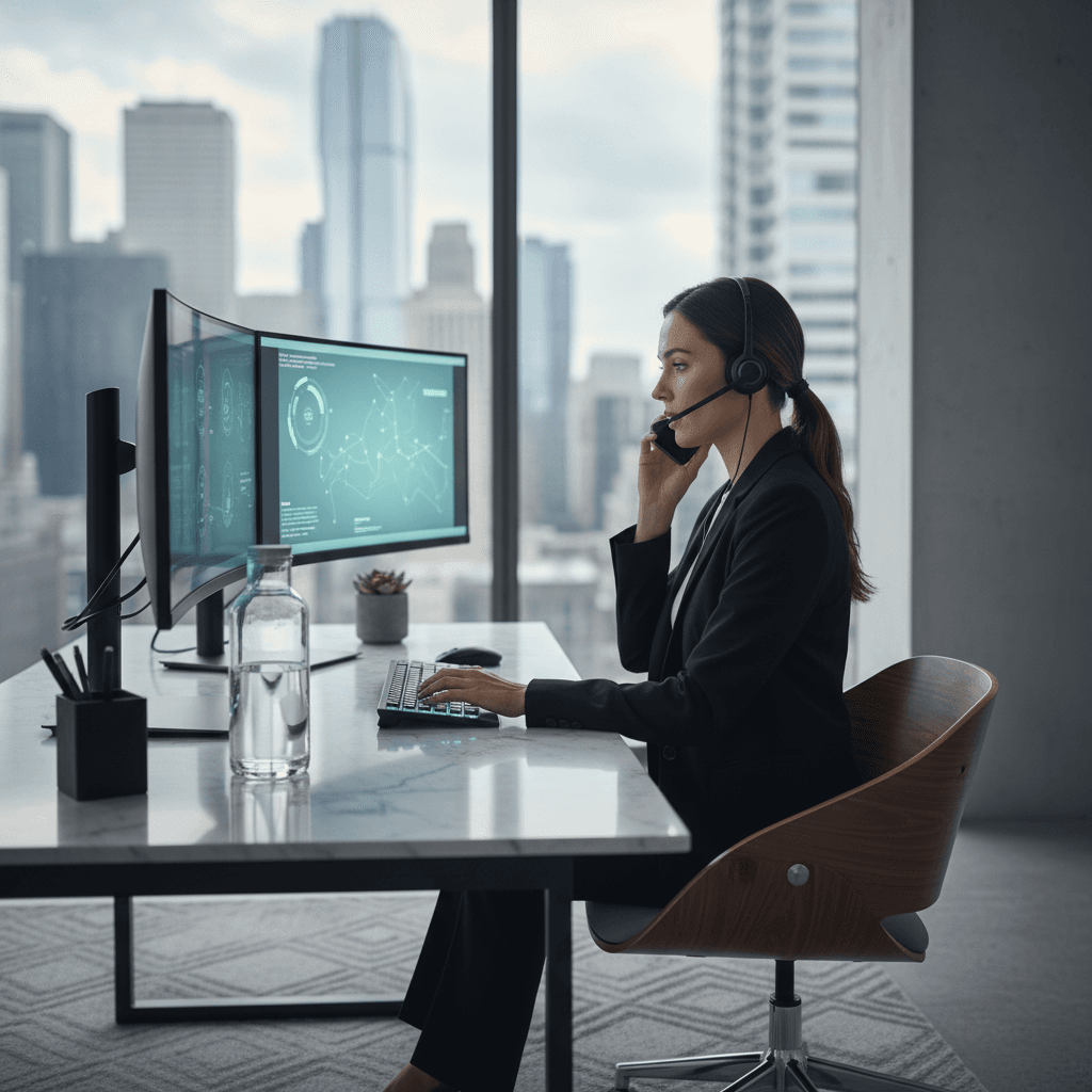 professional answering call at desk