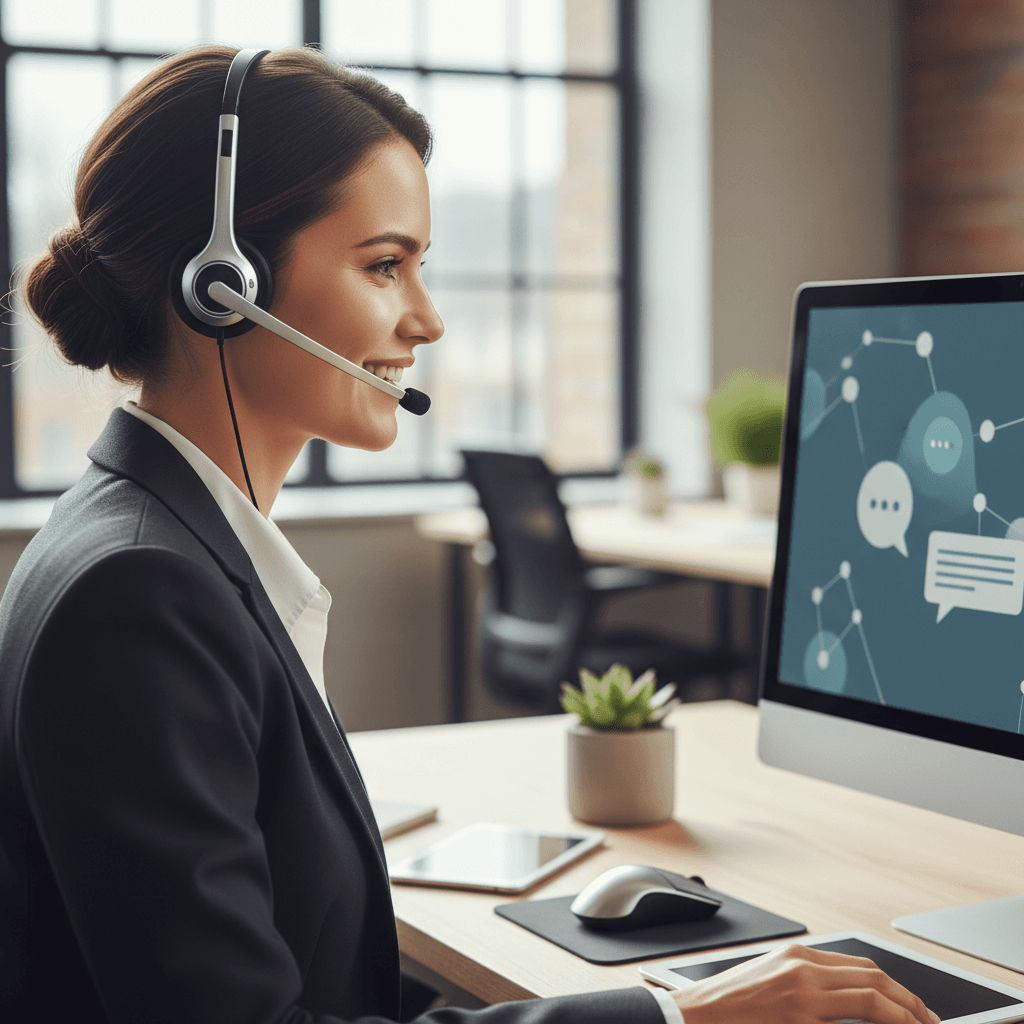 Woman answering a phone call at a desk with a headset
