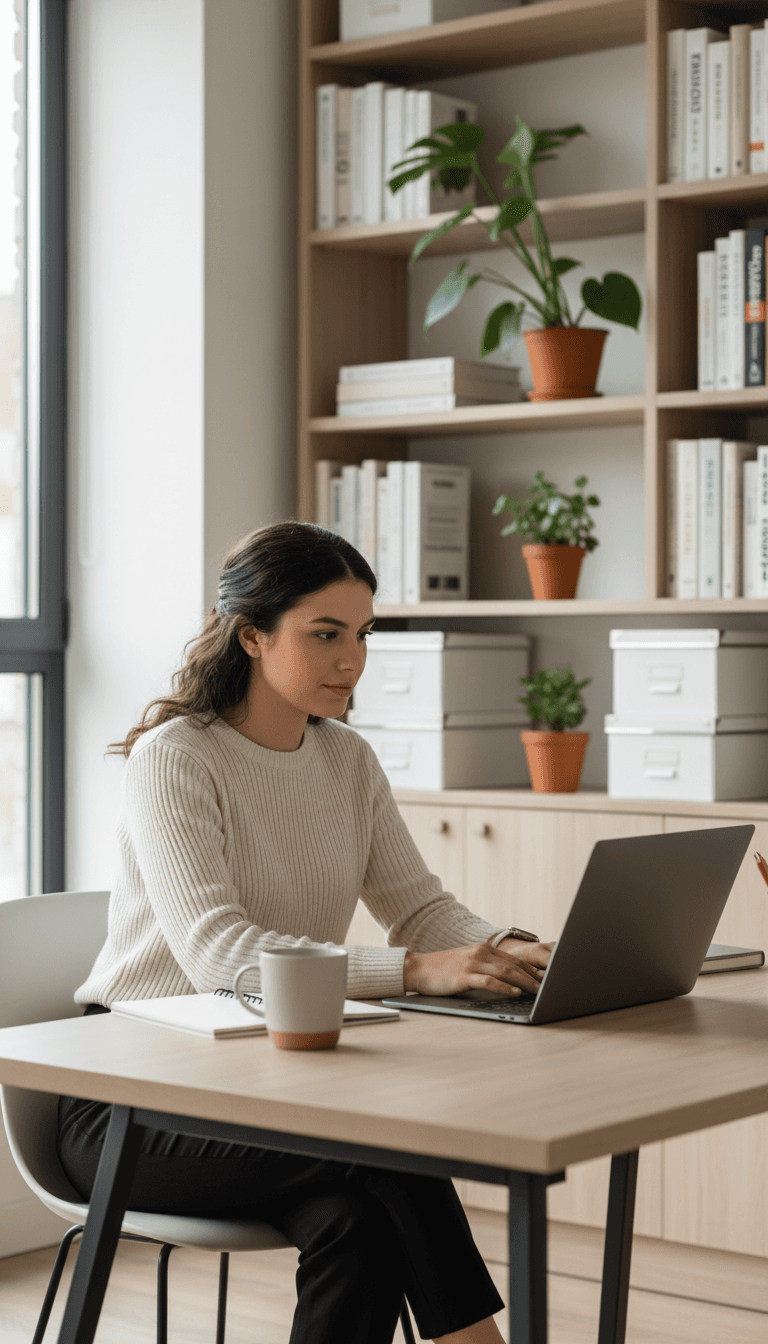 Woman working from home with a laptop